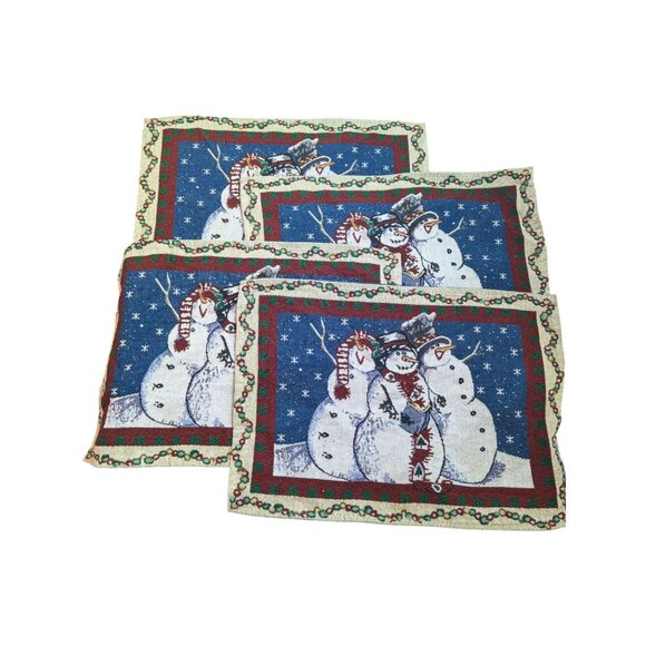 Set Of 4 Vintage Snowman Christmas Placemats Woven Tapestry Holiday Decor 12"x18 - Picture 1 of 8